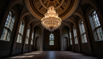 Obraz premium Chandelier hanging in elegant room with arched windows