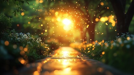 Naklejka premium Sunlit garden path, bokeh, sunset, water, magic