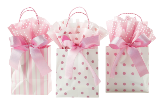 Charming pink gift bags beautifully presented for a special occasion in a bright and cheerful atmosphere isolated on transparent background