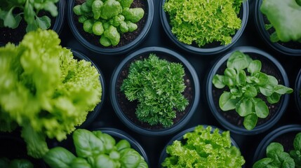 Overhead View of Fresh Herbs and Greens in Pots