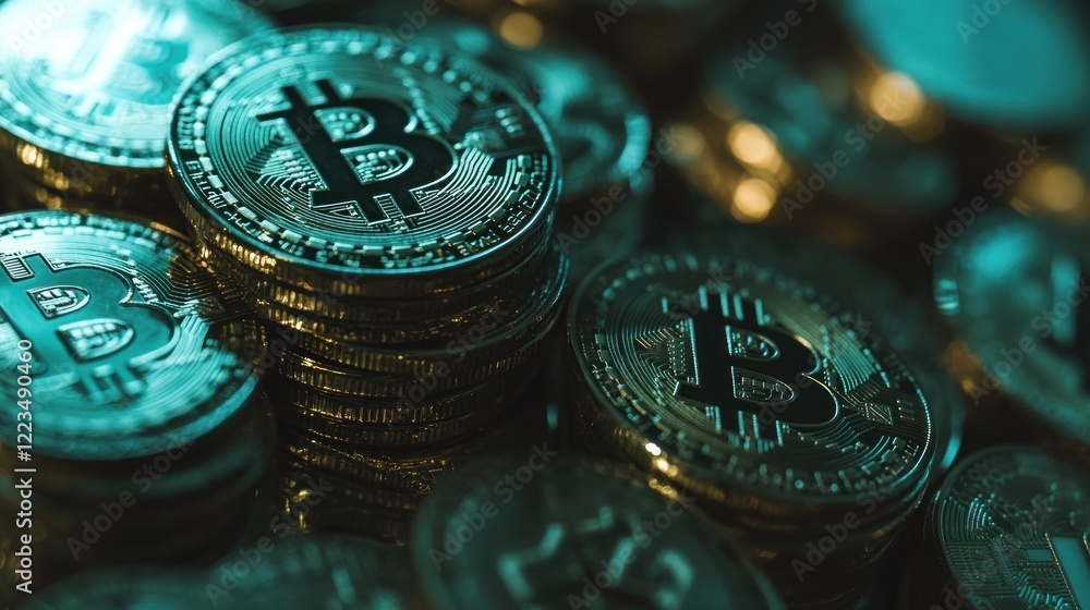 Poster stacks of bitcoin cryptocurrency coins displayed close up