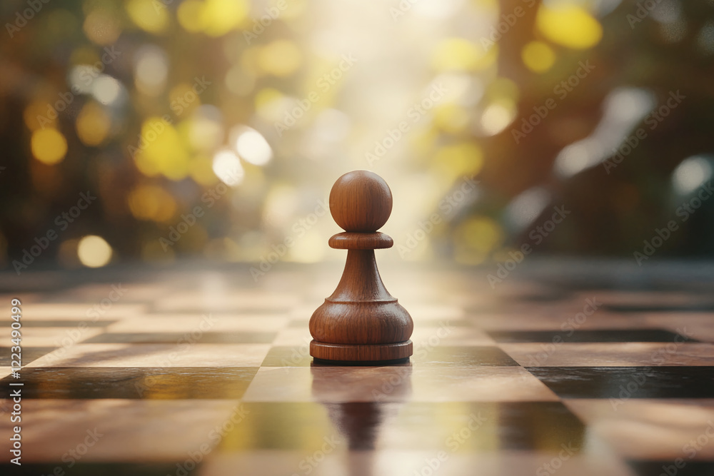 Poster Close-up of a chess pawn on a chessboard with a blurred background and soft lighting