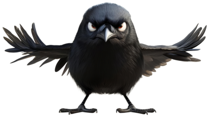 Angry black bird with spread wings, transparent background png