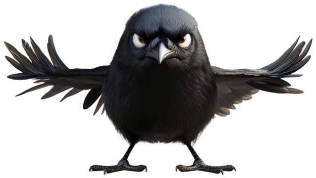 Angry black bird with spread wings, transparent background png