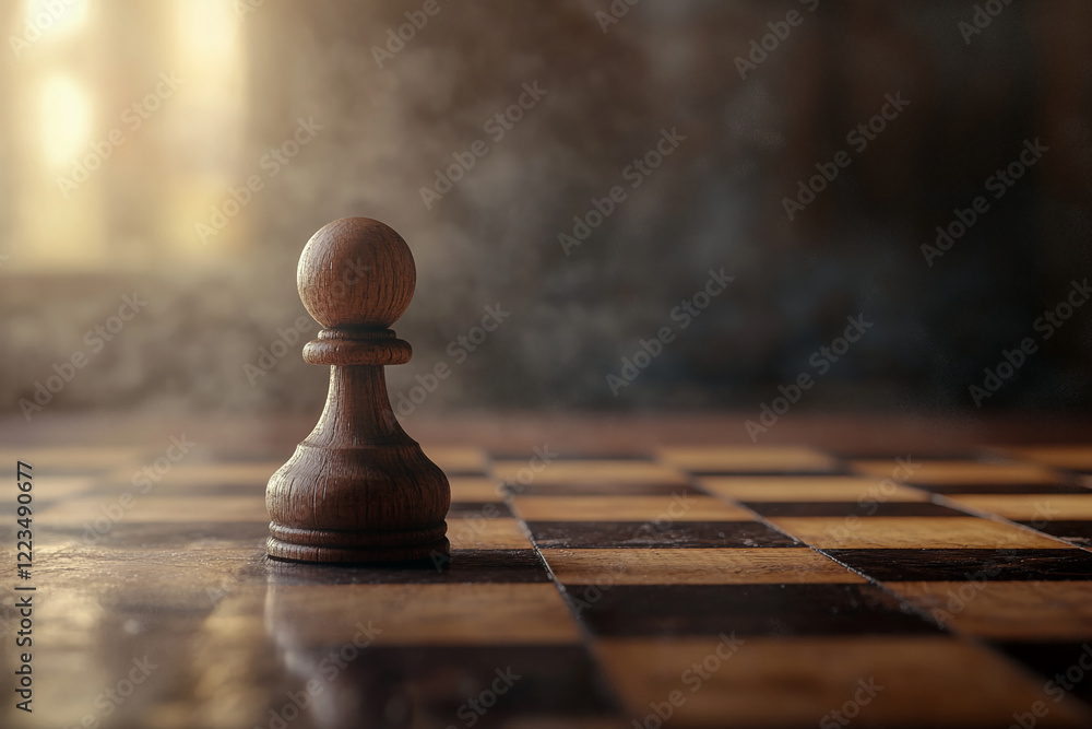 Aufkleber close-up of a wooden chess pawn on a chessboard with soft focus and a blurred background