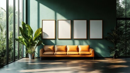 Modern Living Room Interior with Tan Leather Sofa and Green Wall