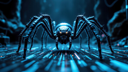 Sci-fi robotic spider on a technological grid floor