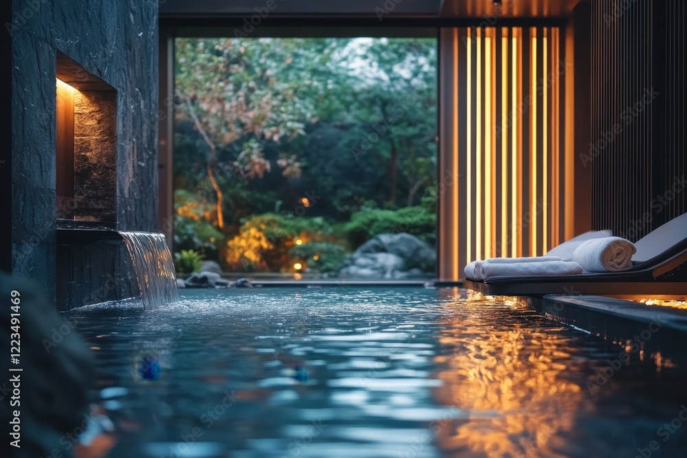Poster relaxation area with tranquil pool and nature views in a serene spa setting