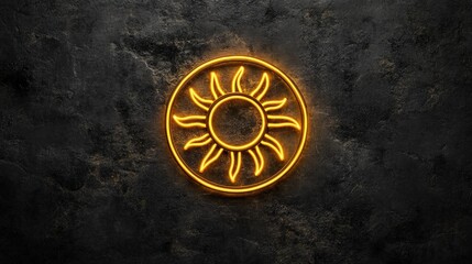 Golden Neon Sun Sign on Dark Textured Background