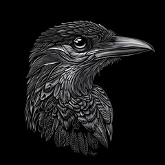 Highly Detailed Monochrome Artwork of a Bird in Profile with Intricate Feather Patterns