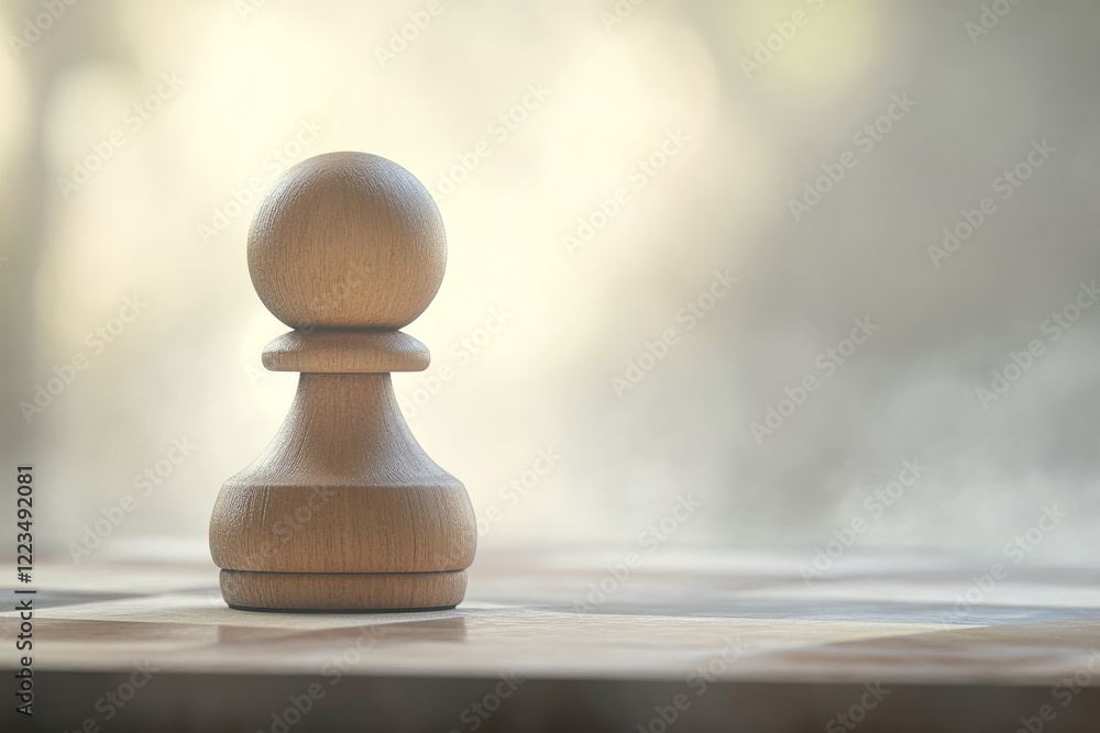 Poster Close-up view of a wooden chess pawn on a chessboard with a blurred background and soft lighting