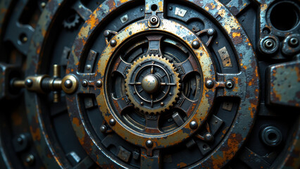 Fototapeta premium A close-up view of a rusty metal gear system with intricate details.