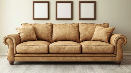 Fototapeta premium Tan Leather Sofa with Three Pictures Above