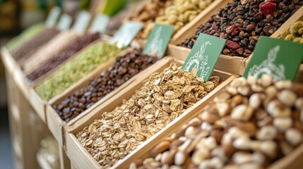 Colorful display of various nuts, seeds, and dried fruits in wooden containers at a market stall