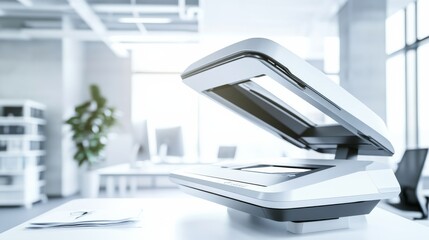A high-resolution digital scanner with a sleek, modern design in a clean, professional office setting