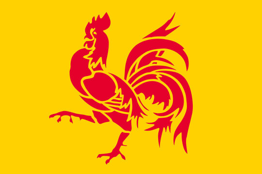 Flag of Walloon Region (Kingdom of Belgium) Wallonie, red rooster on a yellow field,