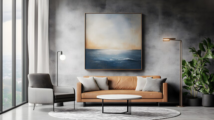 Modern Elegant Living Room Interior with Minimalist Design Featuring a Stylish Leather Sofa, Artistic Wall Painting, and Contemporary Decor Elements