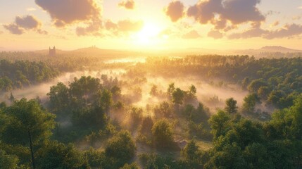 Fototapeta premium Sunrise over misty forest, castle backdrop, aerial view