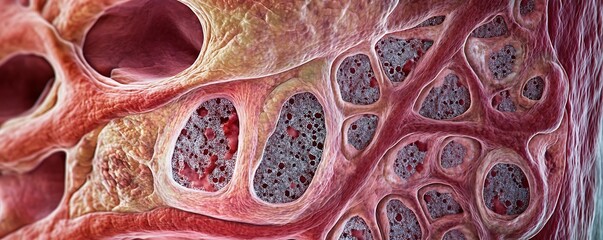 A highly detailed image of lung tissue cross-section with visible alveoli structures
