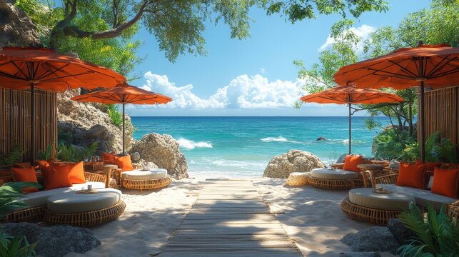 Cozy open-air cafe with bamboo furniture and ocean views under the midday sun