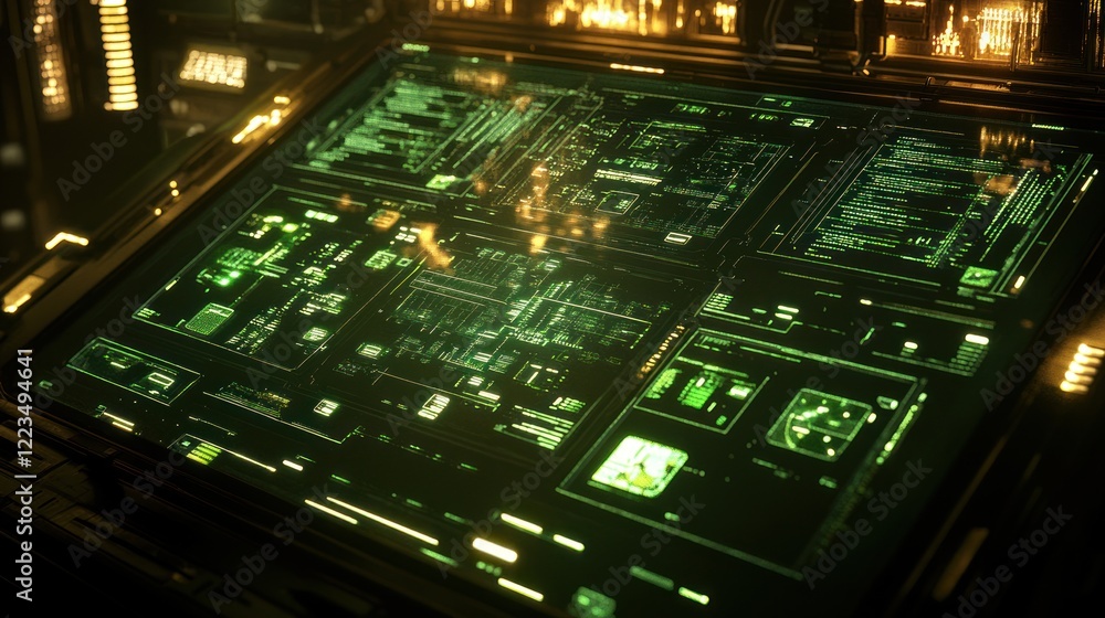Poster Futuristic Green Interface Display Showing Complex Data Streams