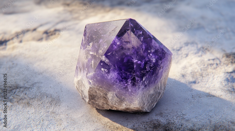 Poster amethyst geode crystal resting on a light grey surface