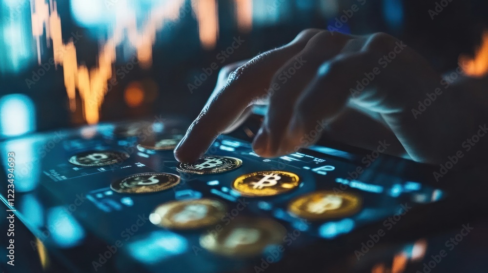 Aufkleber Hand interacts with a tablet displaying bitcoin cryptocurrency