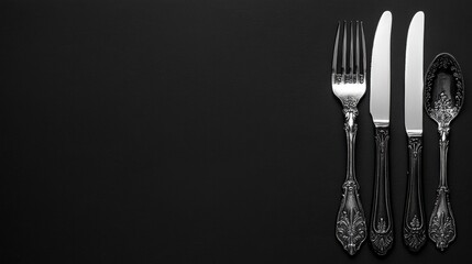 Elegant Silver Cutlery on Black Background