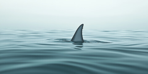 Naklejka premium Shark fin swimming in the ocean creating ripples in a foggy morning
