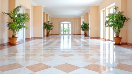 Fototapeta premium Luxurious hotel hallway with marble floor, plants, and sunlight. Ideal for travel brochures