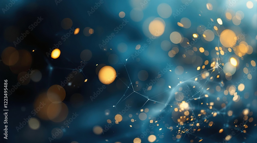 Poster abstract bokeh lights in blue and gold with connected network lines