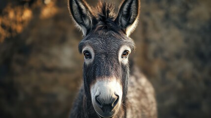 Close-up portrait of a donkey with brown fur and expressive eyes