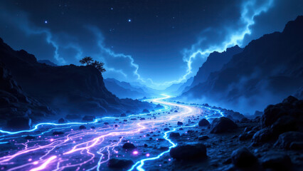 Naklejka premium A futuristic landscape with a pathway lit by blue lightning and an ambient glow.
