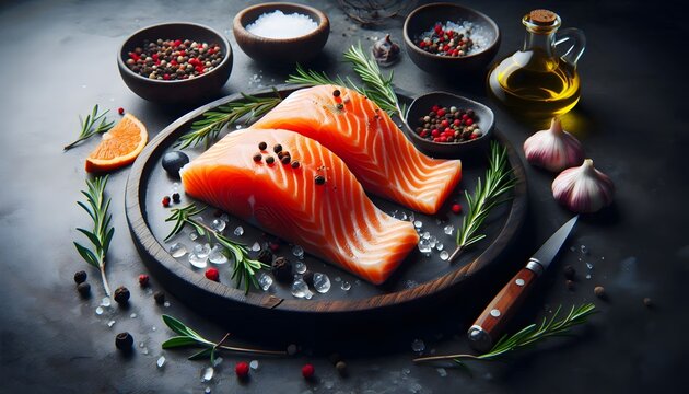 salmon fish fillet slices raw uncooked seafood, dark horizontal background