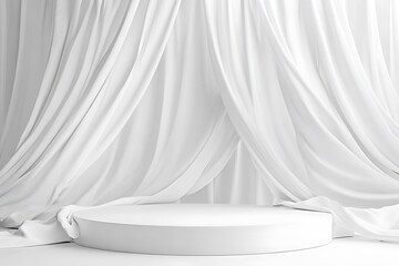 Minimalist white podium with a backdrop of soft draping curtains, adding a layer of elegance and softness to the product presentation.