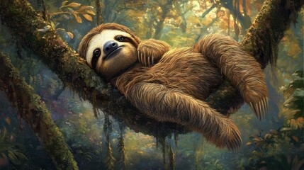 Fototapeta premium Relaxed sloth in lush tropical forest scene