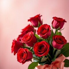 Obraz premium Romantic Valentine's Day bouquet of long-stemmed red roses with peach ribbon on soft pink background for love greeting card or luxury floral advertising campaign
