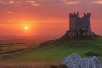 Obraz premium Landscape with green fields and ancient Irish castles standing against the backdrop of the sunset.