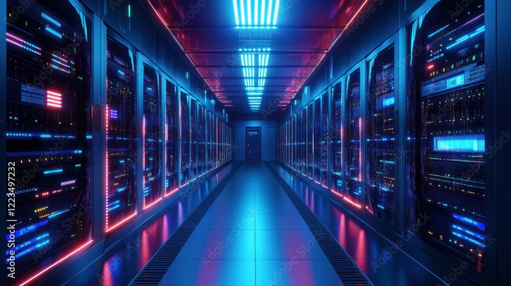 Poster futuristic data center with vibrant neon lights and endless server rows