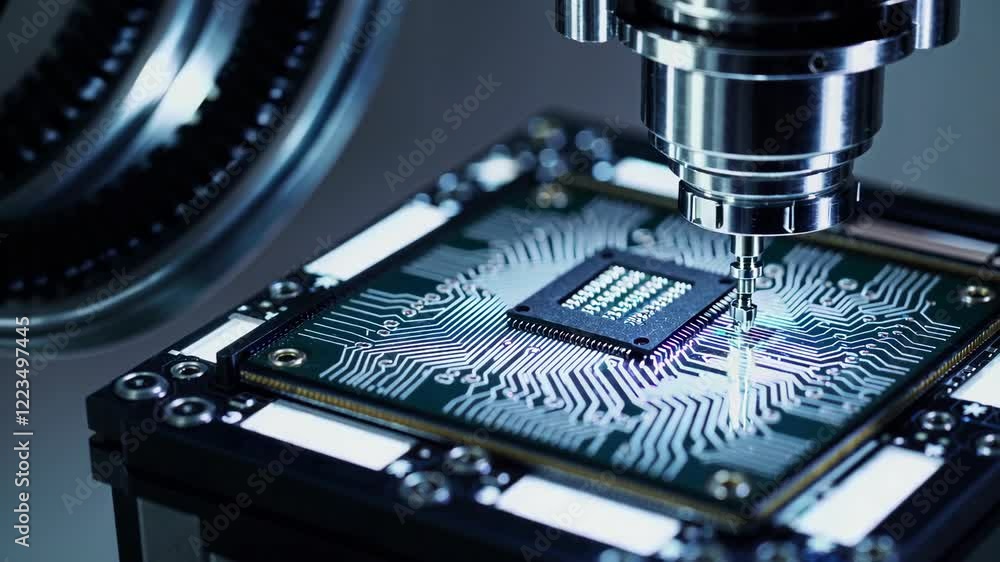 Aufkleber close-up view of a microchip being assembled under a microscope