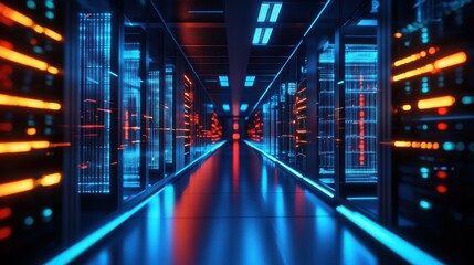 Brightly lit data center server room with modern technology