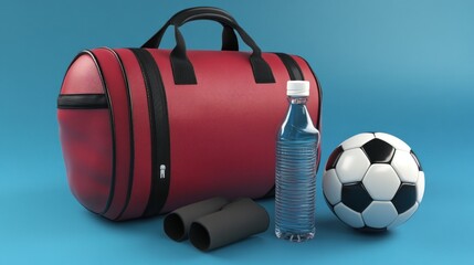 Red duffel bag with soccer ball water bottle and eyewear
