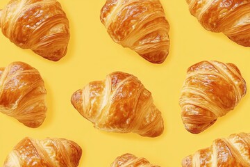 Golden croissants on yellow background with flaky texture.
