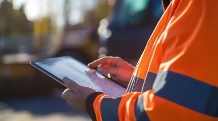 A close-up of a construction manager reviewing blueprints on a tablet, Project planning scene, Digital project management style