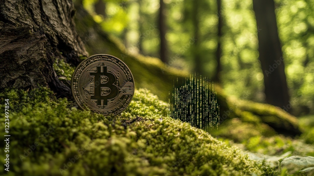 Poster bitcoin cryptocurrency coin in mossy forest setting