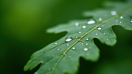 Obraz premium Macro photography of dewdrops on a green oak leaf 