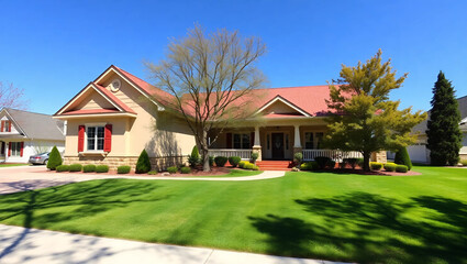 Suburban house  manicured lawn, large tree, sunny day, blue sky, residential neighborhood