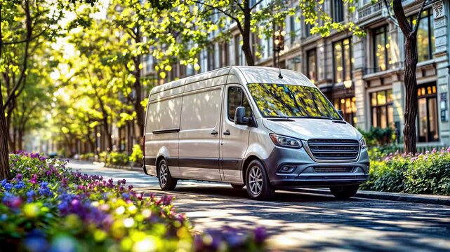 Modern cargo van on urban street surrounded by blooming flowers and green foliage, perfect for transportation, logistics and delivery business concepts in scenic city environment