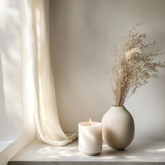 Candle in a vase and dried flowers on a white table