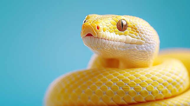Close-up portrait of a coiled yellow python snake against a clean blue background in a studio setting.
